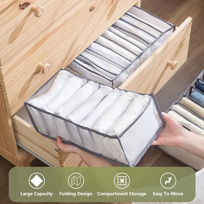 TOOVREN Jeans Organizer 3PCS, Pants Organizer, Wardrobe Clothes Organizer, Drawer Organizers for Clothing, Mesh Clothes Organizer for Folded Clothes, Drawer Dividers for Clothes, Large Size,7 Grids
