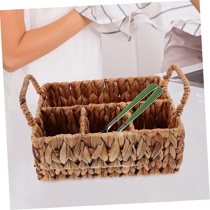 Hyacinth Woven Storage Basket for Home Organization Practical Divided Utensil Holder with Compartments Stylish Desktop Sundries Organizer for Kitchen and Dining Use