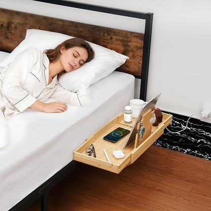 High Capacity Bedside Shelf, Bunk Bed Side Table, Loft Nightstand Organizer Tray, Loft Bed Shelf with Scalable Tray for Dorm Room, Clip On Nightstand with Cord Holder - Natural Bamboo