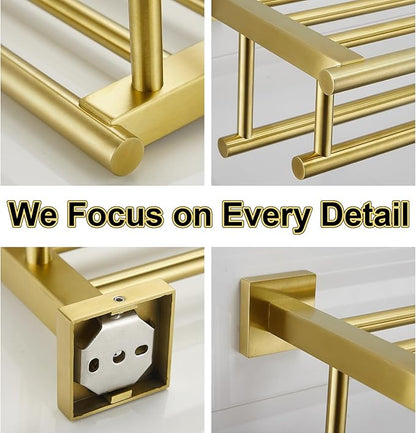 Towel Rack for Bathroom 32 Inch Wall Mounted Towel Rack Brushed Gold Towel Shelf with Double Towel Bar SUS304 Stainless Steel Towel Holder for Bathroom Wall Hotel Towel Rail