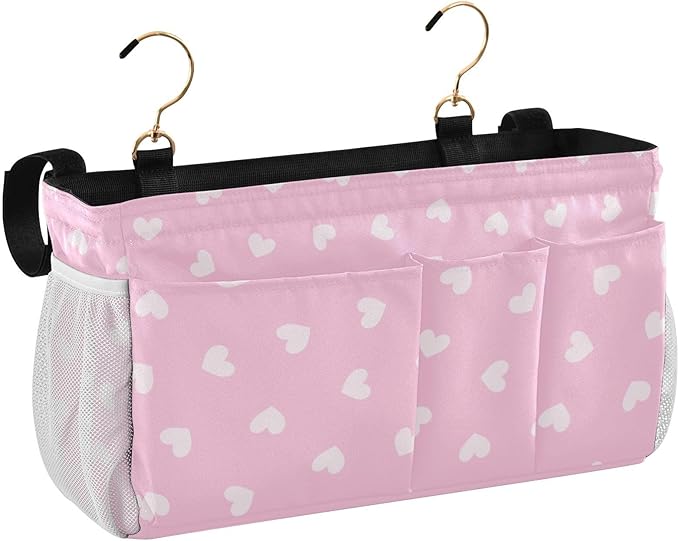 CuwrYet Bedside Caddy Hanging Bunk Bed Caddy Bed Organizer Hanging Pocket with 2 Hooks Bedside Storage Organizer Pocket Bag Holder Heart Pink