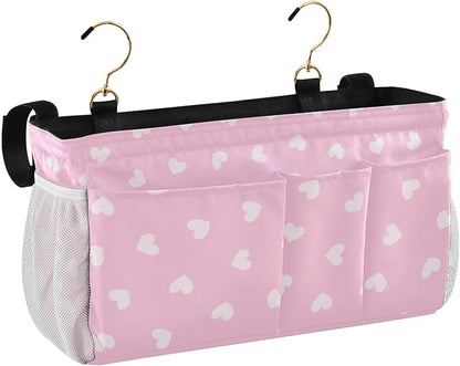 CuwrYet Bedside Caddy Hanging Bunk Bed Caddy Bed Organizer Hanging Pocket with 2 Hooks Bedside Storage Organizer Pocket Bag Holder Heart Pink