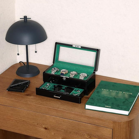ROTHWELL 4-Slot Piano Black Watch Box with Valet Drawer - Premium Jewelry Display Case Organizer with Locking Glass Top and Microsuede Liner for Men & Women (Green Interior)