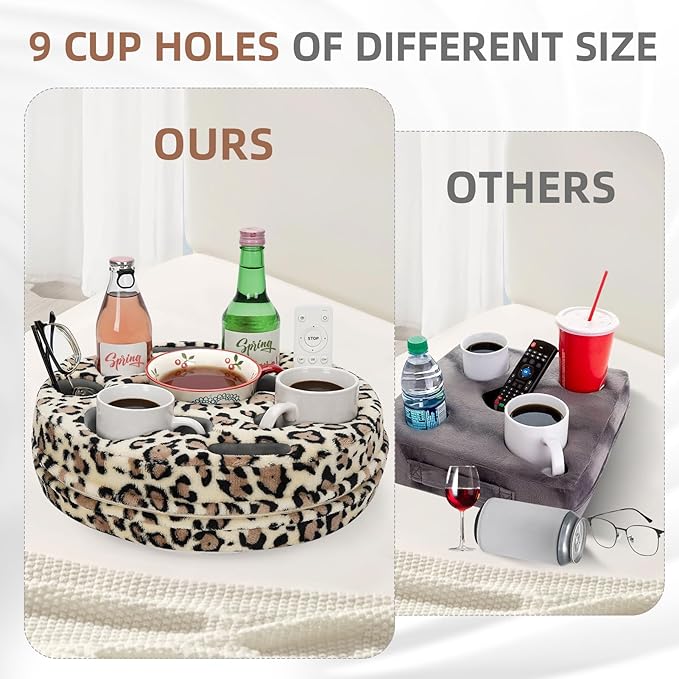 Couch Cup Holder Pillow - Cup Glass Cozy Pillow | Couch Caddy Sofa Bed Buddy Holds Drinks, Snacks, Remote, Phones, Tablet. Keep Drinks Stand and Prevent Spills for Car, Park, Beach (LeopardYellow)