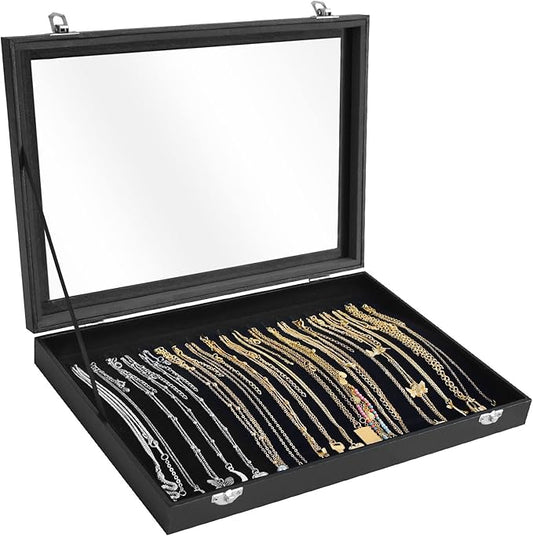 Premium Necklace Organizer Box - 20 Hooks Jewelry Tray with Transparent Lid - Display Box for Necklaces, Pendants - Suitable for Women and Girls (Black)