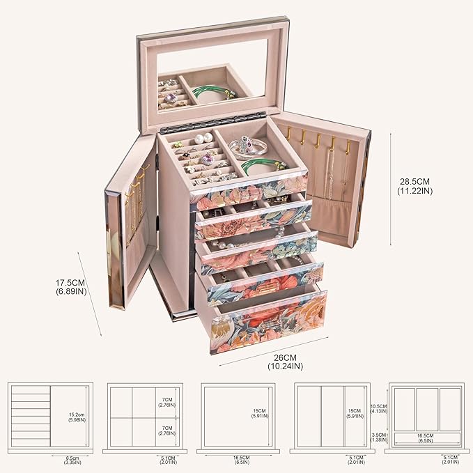 Homruilink High End Glass Jewelry Box - 5 Layer Jewelry Organizer with 2-Sided Doors and Mirror - Velvet-Lined Organizer For Ring, Necklace, Earring, Bracelet Storage - Christmas Gifts For Women