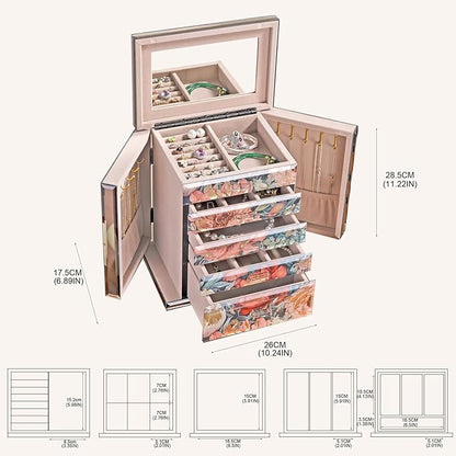 Homruilink High End Glass Jewelry Box - 5 Layer Jewelry Organizer with 2-Sided Doors and Mirror - Velvet-Lined Organizer For Ring, Necklace, Earring, Bracelet Storage - Christmas Gifts For Women