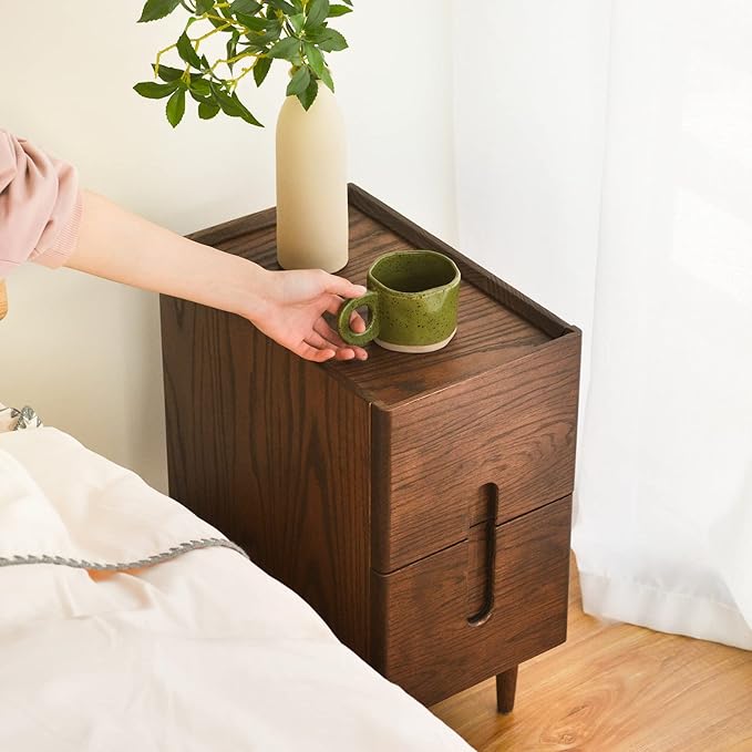 Cttasty Mid Century Modern Nightstand, Narrow Nightstand, Minimalist Side Table for Bedroom, 2-Drawer Bedside Tables (Walnut, 9.84inches)