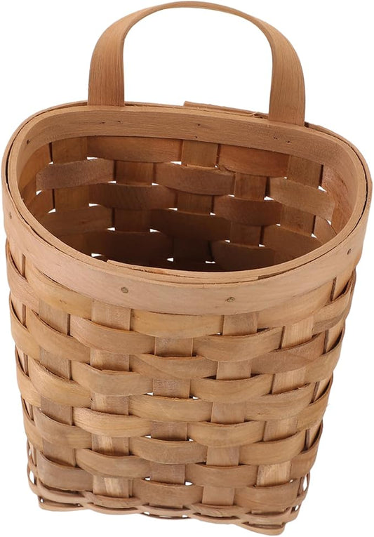 Natural Wood Hanging Basket Organizer for Kitchen and Wall Storage Woven Basket with Handle for Household Items Rustic Wall Decor Multi Purpose Hanging Storage Bin