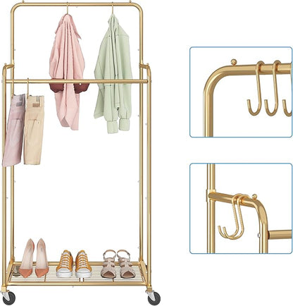 Simple Trending Double Rod Clothes Garment Rack, Heavy Duty Clothing Rolling Rack on Wheels for Hanging Clothes,with 4 Hooks, Gold