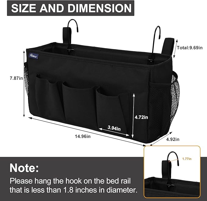 Surblue Bedside Organizer with Hook Bedside Caddy Hanging Storage Bag with Adjustable Straps and Water Bottle Holder for Home College Dorm Bunk Bed Accessories, Crib Bed Rails, Hospital Bed, Black