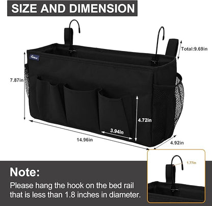Surblue Bedside Organizer with Hook Bedside Caddy Hanging Storage Bag with Adjustable Straps and Water Bottle Holder for Home College Dorm Bunk Bed Accessories, Crib Bed Rails, Hospital Bed, Black
