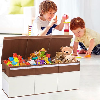 Extra Large Toy Box with Lids, Collapsible Toy Storage Organizer with Divider for Kids, Sturdy Toy Chest for Bedroom, Nursery, Living Room, Playroom, 40"x14"x16", White & Brown
