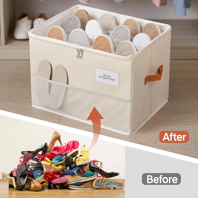 Chewlish Shoe Organizer for Closet, Foldable Shoe Box Storage Containers with Clear Cover, Smooth Zipper, Reinforced Handles and Bottom Support, Space Saving Shoes Holder, Beige (1, Small)