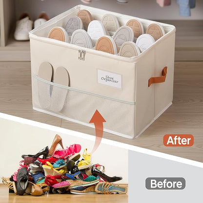 Chewlish Shoe Organizer for Closet, Foldable Shoe Box Storage Containers with Clear Cover, Smooth Zipper, Reinforced Handles and Bottom Support, Space Saving Shoes Holder, Beige (1, Small)