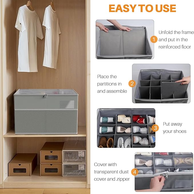 MIFXIN Shoes Storage Box Large Shoe Boot Organizer for Closet Fit 16 Pairs Shoes Space Saving Storage Bin Container with Clear Cover & Reinforced Handles (Grey)