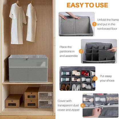 MIFXIN Shoes Storage Box Large Shoe Boot Organizer for Closet Fit 16 Pairs Shoes Space Saving Storage Bin Container with Clear Cover & Reinforced Handles (Grey)