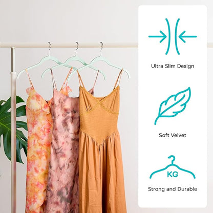 Sishynio Velvet Hangers 50 Pack – Slim Non-Slip Flocked Hangers with Notches, Space-Saving Closet Organizer for Dresses, Blouses, Coats(Green)