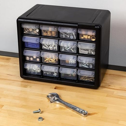 Akro-Mils 16-Drawer Plastic Storage Cabinet | 10-1/2 x 6-1/2 x 8-1/2 Inch | Black | Model 10116 | Garage Organization
