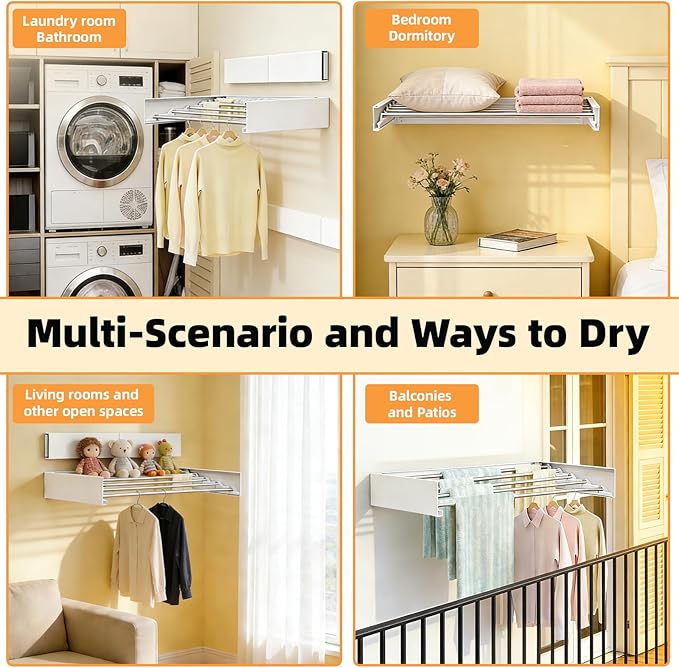 Wall Mounted Clothes Drying Rack 32", Heavy Duty Collapsible Space Saving Laundry Drying Rack with 50 lb Capacity, Drying Rack Clothing Foldable, 5 Rods, White