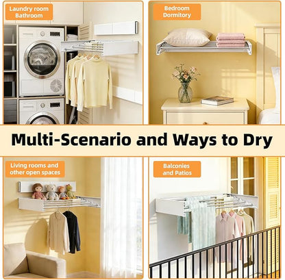 Wall Mounted Clothes Drying Rack 32", Heavy Duty Collapsible Space Saving Laundry Drying Rack with 50 lb Capacity, Drying Rack Clothing Foldable, 5 Rods, White