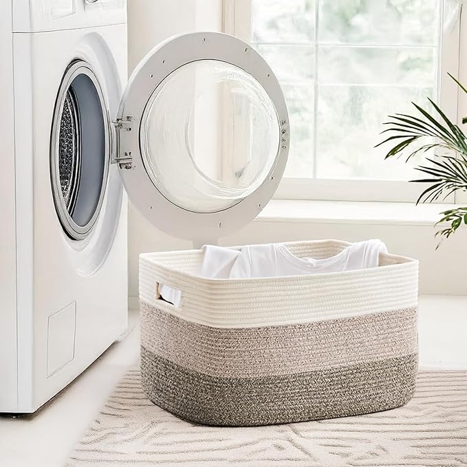 Cotton Rope Basket,Large Blanket Basket for Living Room,Woven cotton rope laundry baskets，For Bathroom Dirty Clothes ，Nursery Toys，pillow storage organization, 72L，Brown and white.