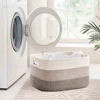 Cotton Rope Basket,Large Blanket Basket for Living Room,Woven cotton rope laundry baskets，For Bathroom Dirty Clothes ，Nursery Toys，pillow storage organization, 72L，Brown and white.