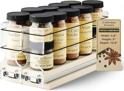 Vertical Spice - Narrow Pullout Spice Rack - Sliding Drawer for Kitchen Organization - Pantry Organizers and Storage - 2 Drawers - 10 Spice Jar Capacity (4.6" W x 5.0" H x 10.6" D, Cream)