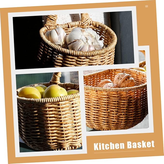 Decorative Woven Garlic Basket Wall-mounted Storage Container for Ginger Onion and Eggs Rustic Kitchen Organizer for Home Decor and Vegetable Storage