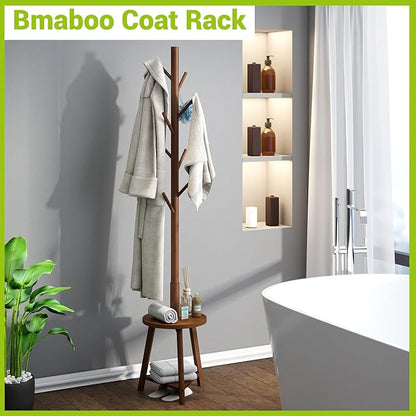 BMOSU Coat Rack freestanding Stand with 2 Shelves Bamboo Wooden Coat Tree Easy Assembly 8 Hooks Standing Jackets Hanger Hallway Office Floor Coat Stand Brown