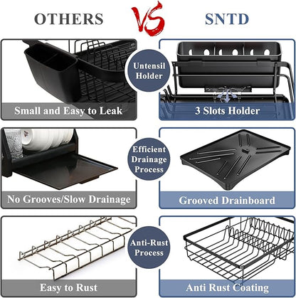SAYZH Dish Drying Rack - Stainless Steel Dish Rack for Kitchen Counter, Large-Capacity Dish Drainer with Cutlery Holder, Kitchen Organizer for Dishes, Spoons and Forks, Black