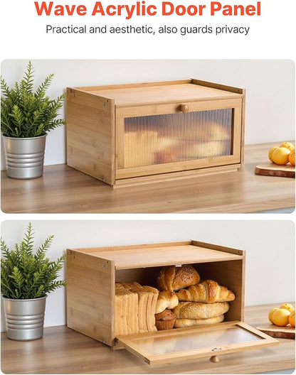 VEVOR Bread Box for Kitchen Counter, Large Capacity Bamboo Bread Storage Container, Farmhouse Wooden Breadbox Organizer for Homemade Bread, Storage Holder Bin with Acrylic Wavy Door Panel, Natural