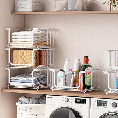 UMDONX 4 Pack Stackable Wire Baskets Storage Bins for Fruits, Vegetables, Potatoes & Onions | Pantry, Countertop, Laundry Organizer | Heavy Duty & Space Saving White