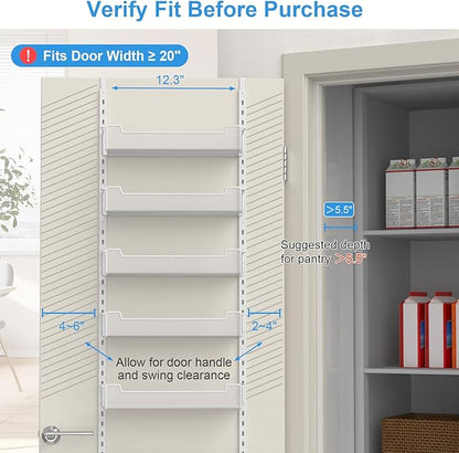 12.3" W Narrow Over the Door Pantry Organizer, 6-Tier Over the Door Organizer with Adjustable Basket, Pantry Door Organization for Pantry Kitchen Storage Room Spice Rack, White