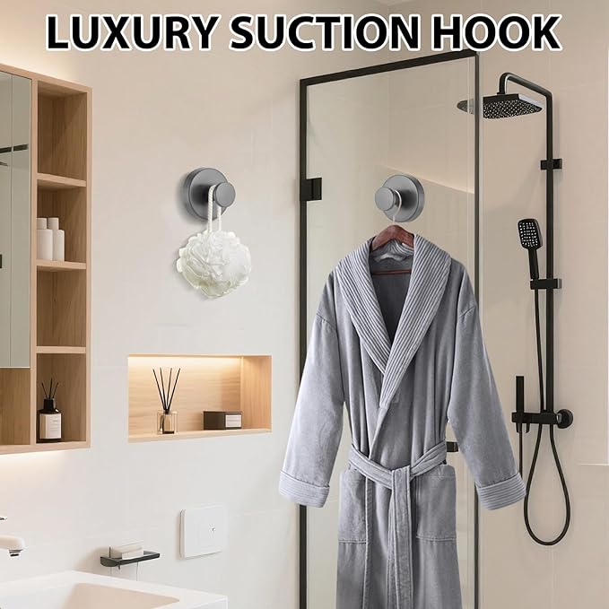 HESUSLA Suction Cup Hooks for Wreaths on Glass,2025 New Model No-Drill Suction Cup Hooks,Wreath Hangers for Front Doors,Metal Towel Hooks for Showers Bathrooms Mirrors(2 Pack,Gray)
