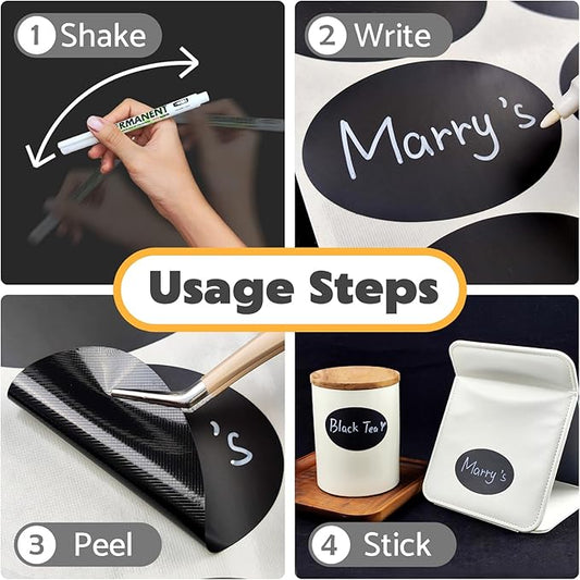 180Pcs Chalkboard Labels for Jars, Waterproof Reusable Blackboard Stickers with 1 Liquid Chalk Markers, Organization Labels Removable (Black, Round)