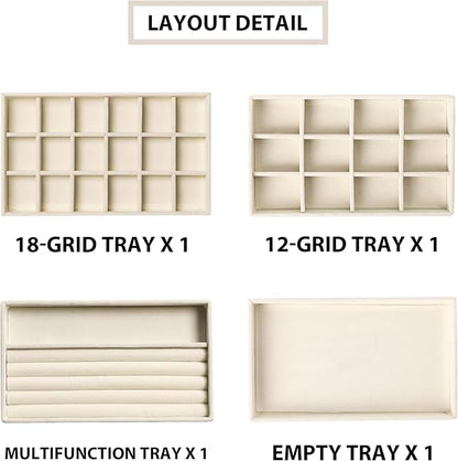 Frebeauty Jewelry Organizer Tray,Stackable Velvet Jewelry Trays,Drawer Inserts Earring Organizer For Women Jewelry Storage Display Case for Rings Stud Necklaces,Set of 4(Beige)