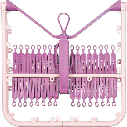 Foldable Clip Hangers with 32 Clothespin Drying Clips,Laundry Clip Drip Drying Hanger for Underwear Socks Bras Lingerie Clothes(Pink)