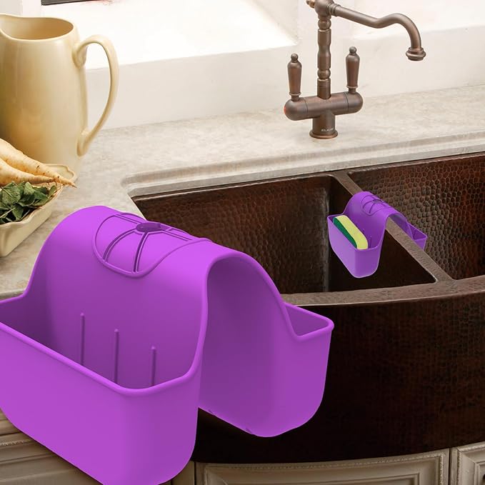 OKeanu Sponge Holder for Kitchen Sink, Silicone Sink Saddle Caddy Organizer Rack, Sponges Holder Over Faucet, Hanging Kitchen Organizer Accessories Rack Basket - Purple