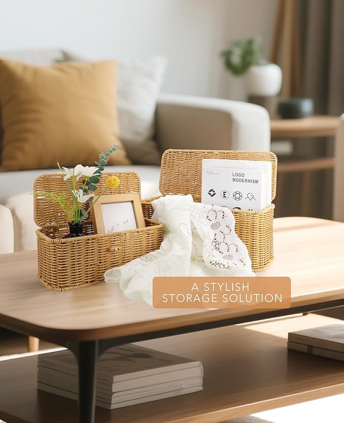 AceList Set of 2 Wicker Storage Basket with Lid, Rectangular Waterproof Handwoven Basket with Lid & Hooks, Boho Decorative Box for Organizing Home, Kitchen, and Room