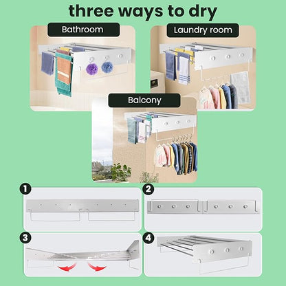 Laundry drying rack wall mount(28-INCH White), a wall mount clothes drying rack solution with reinforced metal frame, easy installation in tight spaces and foldable; drying rack clothing wall mounted.