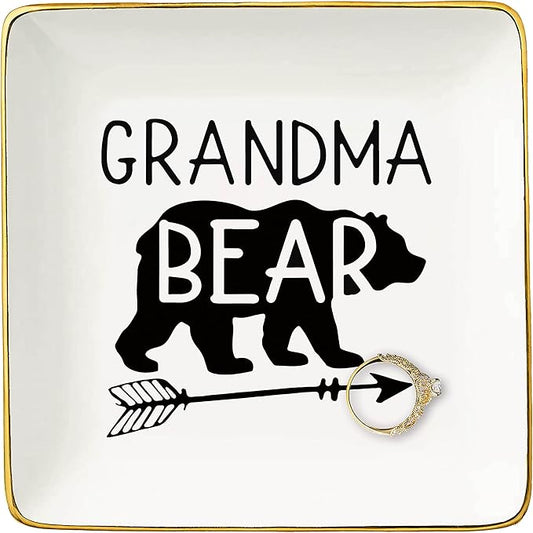 Funny Grandma Gifts-Mother's Day Gift for Grandmother from Grandchild-Bear Theme-Nana Birthday Thanksgiving Christmas Presents-Ceramic Jewelry Tray,Trinket Holder,Ring Dish