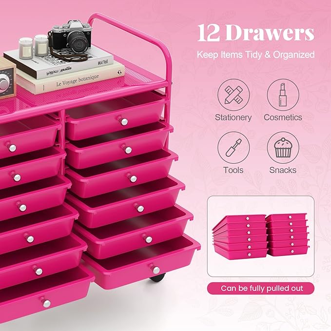 MAT EXPERT 12-Drawer Rolling Storage Cart, Mobile Utility Cart on Wheels, Removable Storage Drawers for Home, Study, Office, School,Paper Organizer