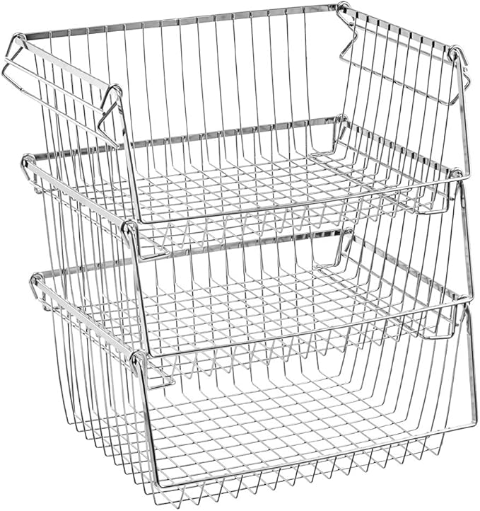 SANNO Stacking Baskets Bin Baskets Wire Storage Baskets Organization Farmhouse Scoop Baksket for Pantry, Kitchen, Closets, Bathroom, Cabinets, Kitchen, Set of 3
