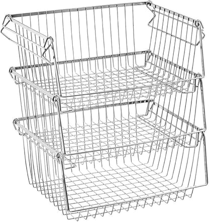 SANNO Stacking Baskets Bin Baskets Wire Storage Baskets Organization Farmhouse Scoop Baksket for Pantry, Kitchen, Closets, Bathroom, Cabinets, Kitchen, Set of 3
