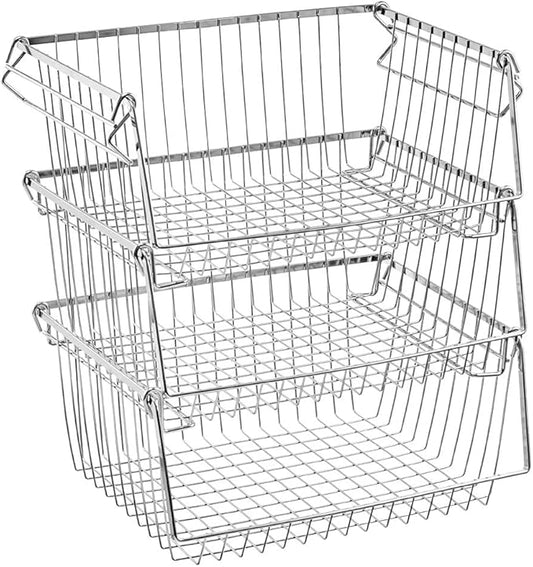 SANNO Stacking Baskets Bin Baskets Wire Storage Baskets Organization Farmhouse Scoop Baksket for Pantry, Kitchen, Closets, Bathroom, Cabinets, Kitchen, Set of 3