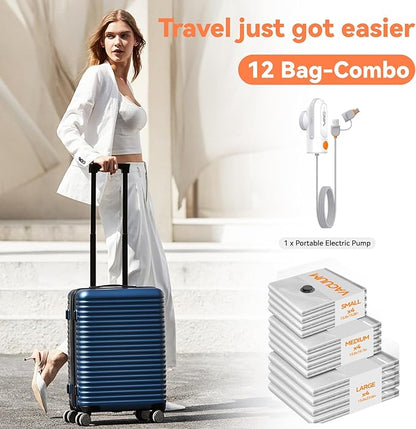 VACKFOX Vacuum Bags for Travel with USB and TYPE C Pump, 12 Pack Carry-on Size Compression Packing Bags for Luggage and Suitcase, Space Saver for Clothes and Clothing Travel（Grey）