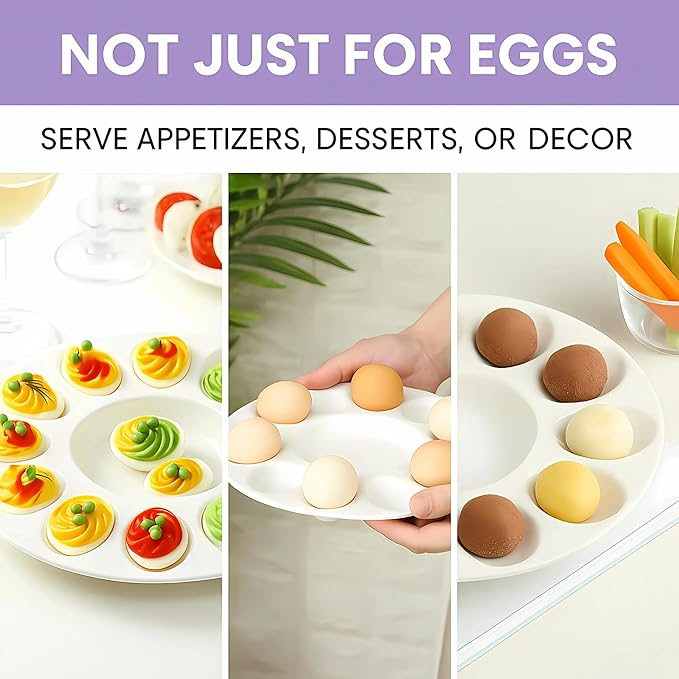 echomerx 10" White Ceramic Deviled Egg Serving Platters - 2 Round Ceramic Dishes, Trays Holds 12 Eggs ea. - Ideal for Easter Christmas Entertaining - 2-Pack