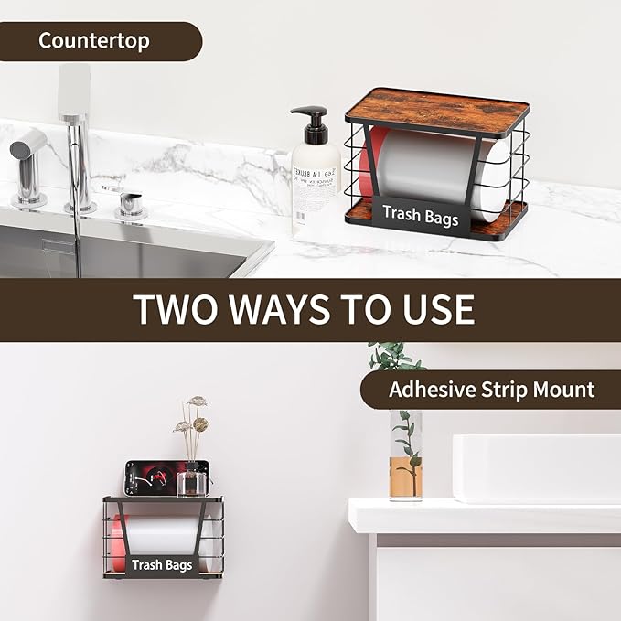 Three colors Trash Bag Holder, Stackable Trash Bag Dispenser with Rustic Wood, Garbage Bag Dispenser Under Sink Organizer for Kitchen Laundry, Adhesive Wall Mount or Countertop,1 Pack