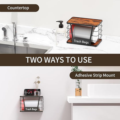 Three colors Trash Bag Holder, Stackable Trash Bag Dispenser with Rustic Wood, Garbage Bag Dispenser Under Sink Organizer for Kitchen Laundry, Adhesive Wall Mount or Countertop,1 Pack